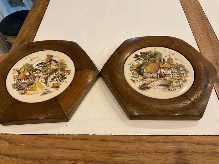 Vintage Plaques .Tikes in Oak Hexagon Shaped Frames