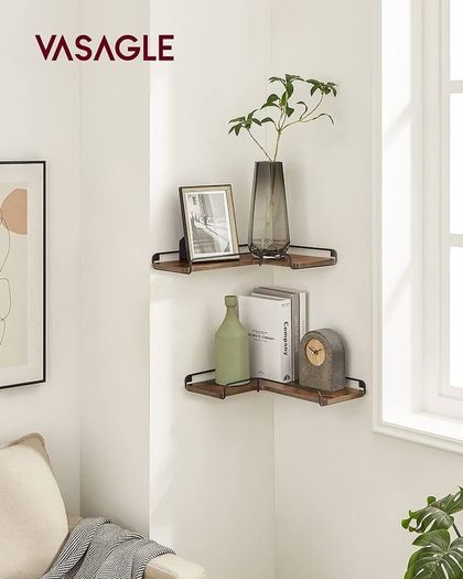 Floating Shelves, Set of 2, L-Shaped Corner Shelves for Wall, Corner Wall Shelf, Industrial Style, for Living Room, Bedroom, Kitchen, Rustic Brown and Black