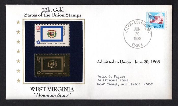 1988 USA West Virginia "Mountain State" 22kt Gold Replica of the 1976 United States Flag Stamps showing 25c US flag definitive tied Charlestown, West Virginia (state capital) illustrated cover.