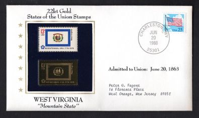 1988 USA West Virginia "Mountain State" 22kt Gold Replica of the 1976 United States Flag Stamps showing 25c US flag definitive tied Charlestown, West Virginia (state capital) illustrated cover.