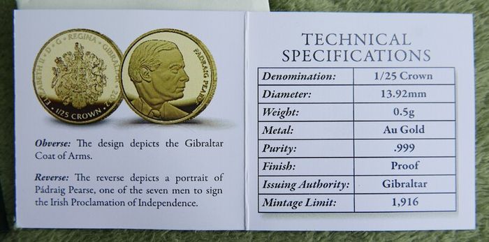 24Ct Gold Coin Padraig  Pearse commemorative gold coin issued by Gibraltar with Queen Elizabeth II obverse
