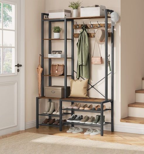 Coat Rack, Entrance Cabinet, with Shoe Rack, 5 Storage Shelves, 9 Coat Hooks and 6 Side Hooks, 40 x 120 x 190 cm, Rustic Brown and Ink Black