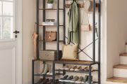 Coat Rack, Entrance Cabinet, with Shoe Rack, 5 Storage Shelves, 9 Coat Hooks and 6 Side Hooks, 40 x 120 x 190 cm, Rustic Brown and Ink Black