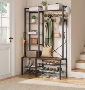 Coat Rack, Entrance Cabinet, with Shoe Rack, 5 Storage Shelves, 9 Coat Hooks and 6 Side Hooks, 40 x 120 x 190 cm, Rustic Brown and Ink Black