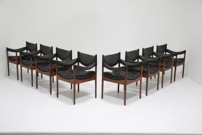Vintage Set of 8 Rosewood and Black Leather Dining Chairs by Kristian Solmer Vedel, 1960s.