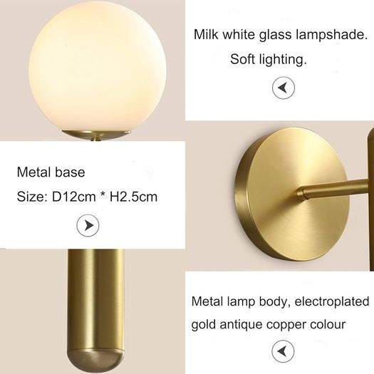 Milky Glass Globe Wall Lamp Brushed Brass Wall Light for Indoor Bedroom Bathroom Living Room Hallway, Modern Wall Mount Light Fixture for Bedside Living Room