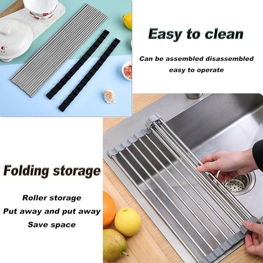 Stainless Steel Over Sink Drainer Rack, Foldable and Removable Drying Mat for Board, Fruit, Vegetables. Kitchen Organiser & Accessories for Sponge Holder Black 43 x 35