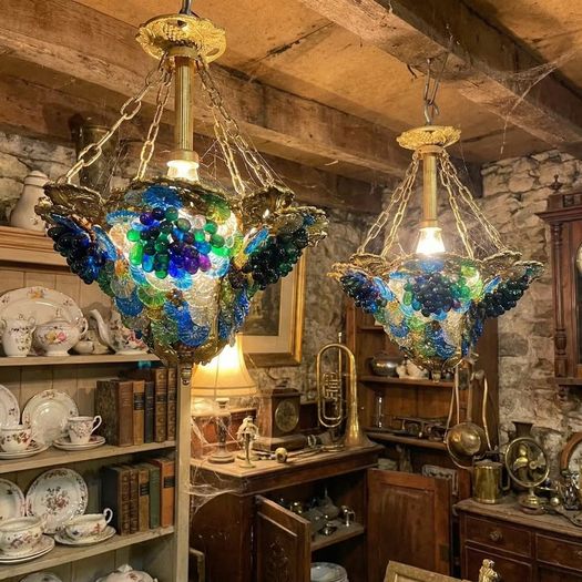 Old Brass and glass light with flowers and grapes