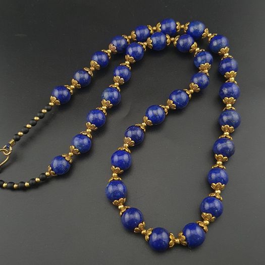 Vintage Blue Lapis Lazuli & Brass Beads Gemstone Necklace