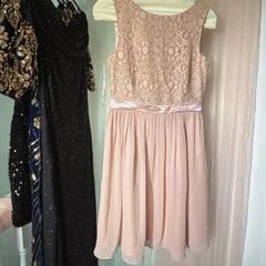 Dusty Rose Pink Sleeveless Lace-Trimmed Chiffon Waist-Cinched Dress
