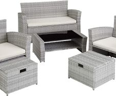 _Poly-rattan Garden / Balcony / Patio Set for 4 People with Stool, Storage Compartment Under Sofa Seat, Table with Shelf, 800719 incl. Cushions - Colours: assorted