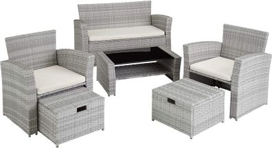 _Poly-rattan Garden / Balcony / Patio Set for 4 People with Stool, Storage Compartment Under Sofa Seat, Table with Shelf, 800719 incl. Cushions - Colours: assorted