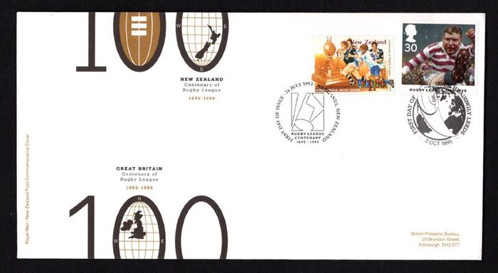1995 New Zealand and Great Britain Commemorative Stamp Cover Commemorating Centenary of Rugy League 1895-1995