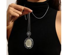 Lovely Long Necklace with a Moon Stone Pendant