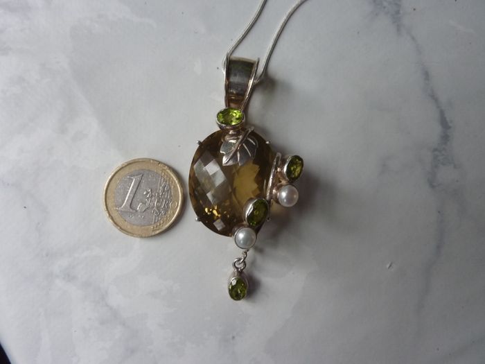 Large Modern Statement Citrine, Peridot & Pearl Pendant with Chain. Sterling Silver
