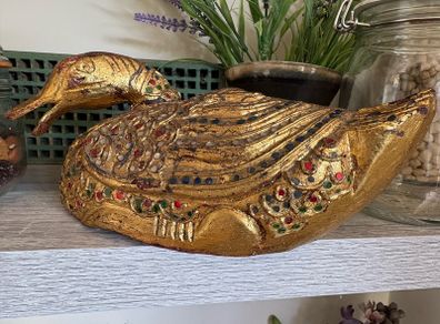 Vintage Gilded Carved Duck with coloured glass inset decoration