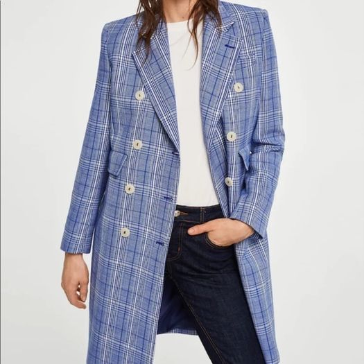 Mango Blue White Checked Plaid Double Breasted Blazer Coat Overcoat Size S