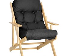 Folding and Reclining Wooden Lounge Chair Comfortable Relaxation Chair with Thick Tufted Cushion