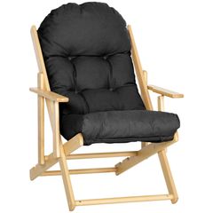 Folding and Reclining Wooden Lounge Chair Comfortable Relaxation Chair with Thick Tufted Cushion