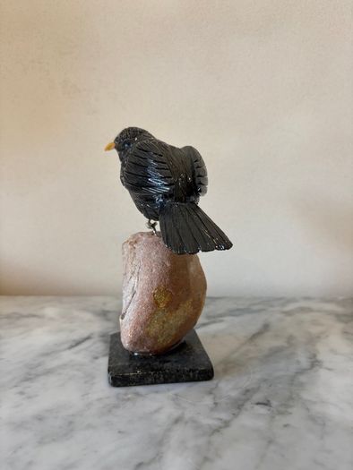 Hand-Carved Gemstone Blackbird on Crystal Geode Base