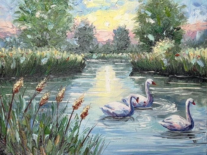 Original oil painting on canvas board .Swans on the River.