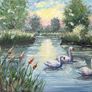 Original oil painting on canvas board .Swans on the River. Image 2