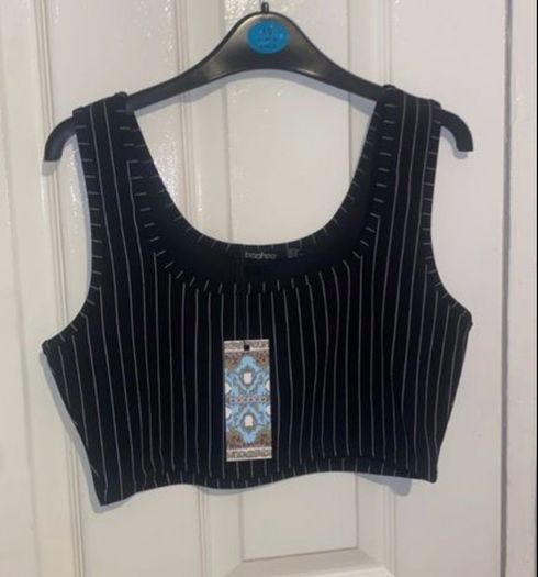 Black pin stripe crop top and skirt