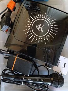 karaoke CD player, microphone, audio cable