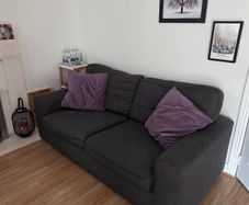 Charcoal Grey Sofa and two purple cushions
