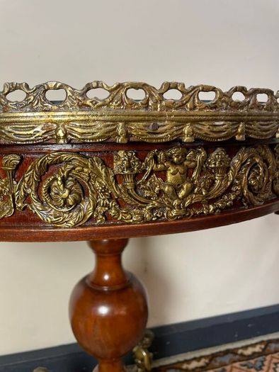 French Style Marquetry & Brass Round Centre Table , Cherub Motifs & Glass Top