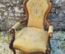 Antique victorian carved walnut & needlepoint armchair