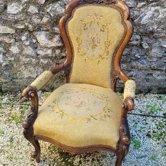 Antique victorian carved walnut & needlepoint armchair