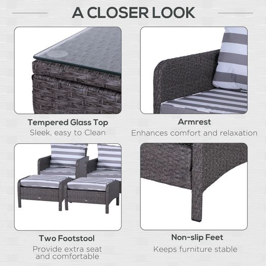 NEW SALE 5 Pcs PE Rattan Garden Furniture Set, 2 Armchairs 2 Stools Glass Top Table Cushions Wicker Weave Chairs Outdoor Seating, Dark Grey FREE SHIPPING