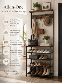 Industrial Coat Rack with Shoe Storage & Bench | Hall Tree with 5 Shelves & 10 Hooks