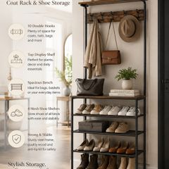 Industrial Coat Rack with Shoe Storage & Bench | Hall Tree with 5 Shelves & 10 Hooks