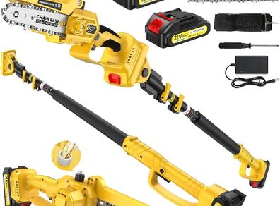 Chainsaw, 2.2 m Pole Saw 6 Inch, 2x 2000 mAh Battery Chainsaw, 1000W Brushless Mini Chain Saw Cordless with Oiler, 180 Adjustable Head for Tree Trimming, Branches, Garden, Gift for Men Fathers