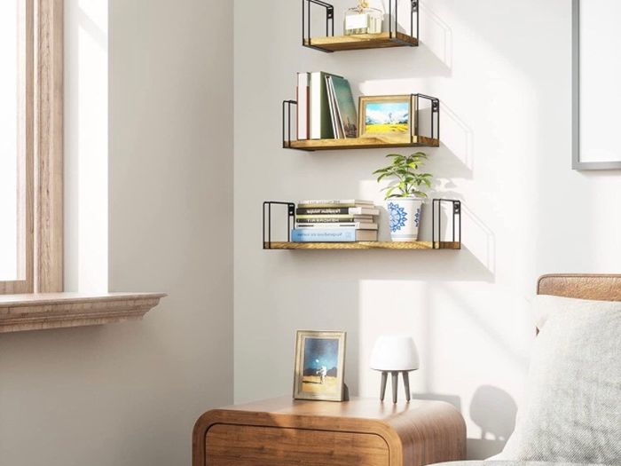 Rustic Floating Shelves, Decorative Wood Wall Shelves Set of 3, Wall Mounted Storage Shelves for Bedroom, Living Room, Kitchen, Bathroom, Office and More Carbonized Black (MULTIPLE COLOURS)