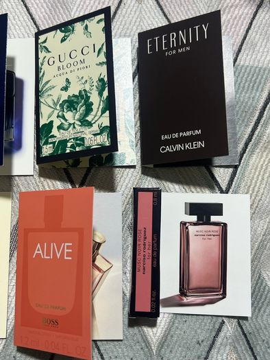 Selection of luxury perfume samples, paco rabanne pure XS, Gucci guilty, Gucci bloom, Calvin Klein eternity, boss alive, narciso Rodriguez new
