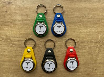 Brand new synthetic leather Tesla key ring with shopping trolley token/coin