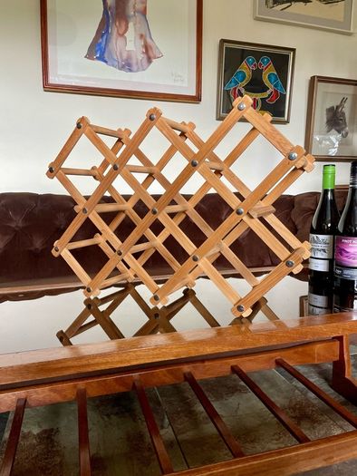 Vintage Wooden Accordion 8 Bottle Wine Rack Brass Rivets Countertop Wood Rustic Cottagecore Old Country Farmhouse