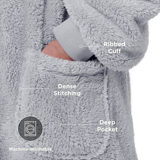 NEW SALE | Oversized Wearable Blanket Hoodie Men Women - Fluffy Fleece Hoodie Blanket for Adults, Warm Hooded Blanket as Gifts for Her, Grey, 107 x 90 cm