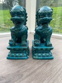 Vintage Turquoise Blue Chinese Foo Dogs, Guardian Lions. Pair