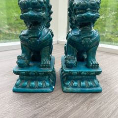 Vintage Turquoise Blue Chinese Foo Dogs, Guardian Lions. Pair
