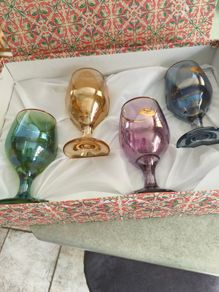 Vtg Set Of 4 ART DECOR Italian Colored Handblown W/24k Gold Rims Boxed.