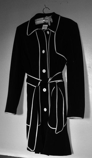 Harve Benard Raincoat, Womens Small, Black w White Piping, belted, knee-length