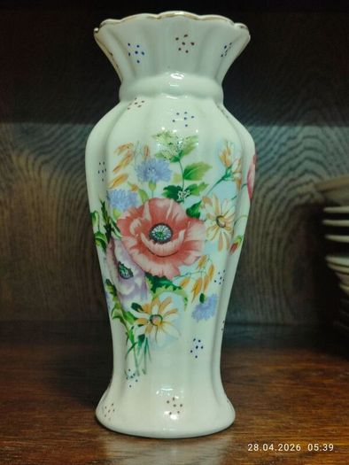 Vintage Style Floral Vase with Gold Trim Cottage Garden Decor
