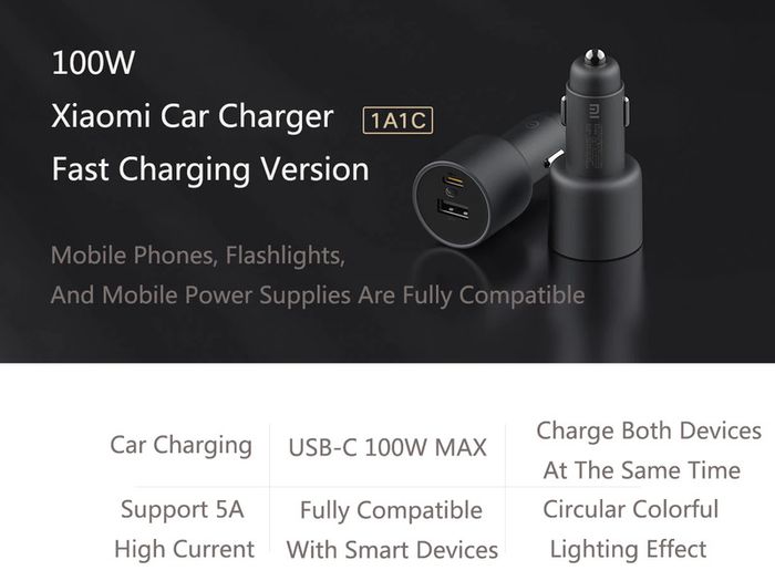 Xiaomi Mi 100W PD/PPS/QC4.0 Dual USB Mobile/Tab/Laptop Super Fast Car Charger + 1M USB-C PD 100W Charging Cable (Brand New/Warranty)