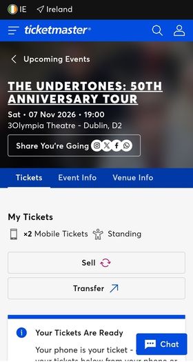 2 x The Undertones Standing Tickets - 3Olympia Theatre - 7 Nov 2026