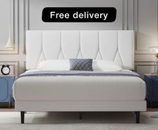 King Bed Frame, White, Upholstered Wooden Slat Bed Frame with Headboard, Easy Assembly, Underbed Storage, No Box Spring Needed 150x200