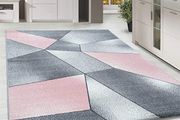 Short Pile Rug Abstract Geometric Design Living Room 8 mm Pile Height Soft Rectangular Runner Pink Size: 200 x 290 cm